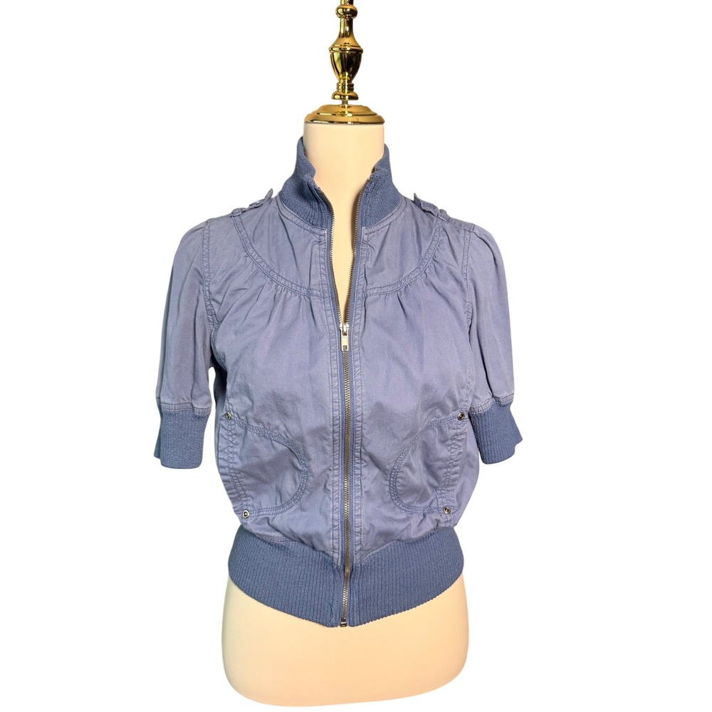 Forever 21 Small Blue Cropped Bomber Jacket Short Sleeve Zip Cotton Y2K